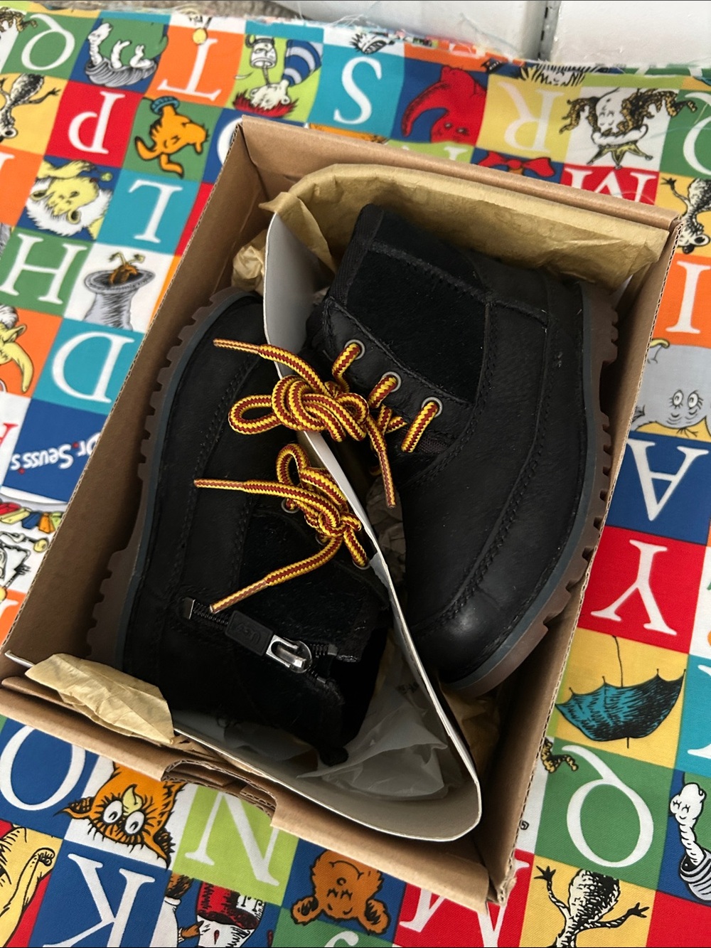 UGG Black Suede Anklet Boots with Gold-Brown Round Laces
